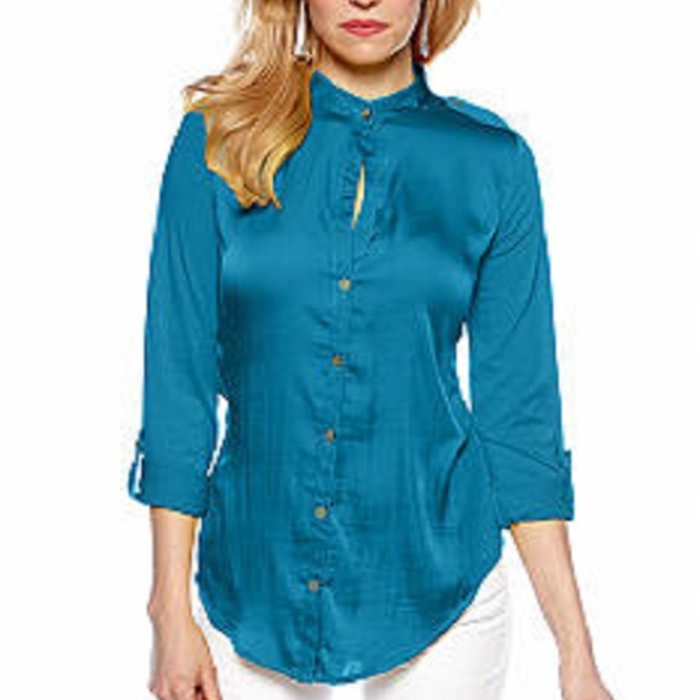 Vince Camuto AZURE Button-Front L/S Roll-Tab Button Cuffs Blouse NWT $79